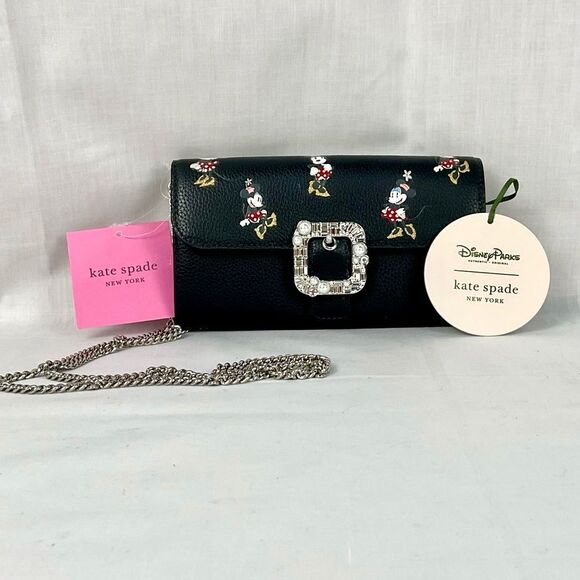 Kate Spade Minnie Mouse Clutch Crossbody Handbag Black Leather New Disney Parks - Picture 2 of 10